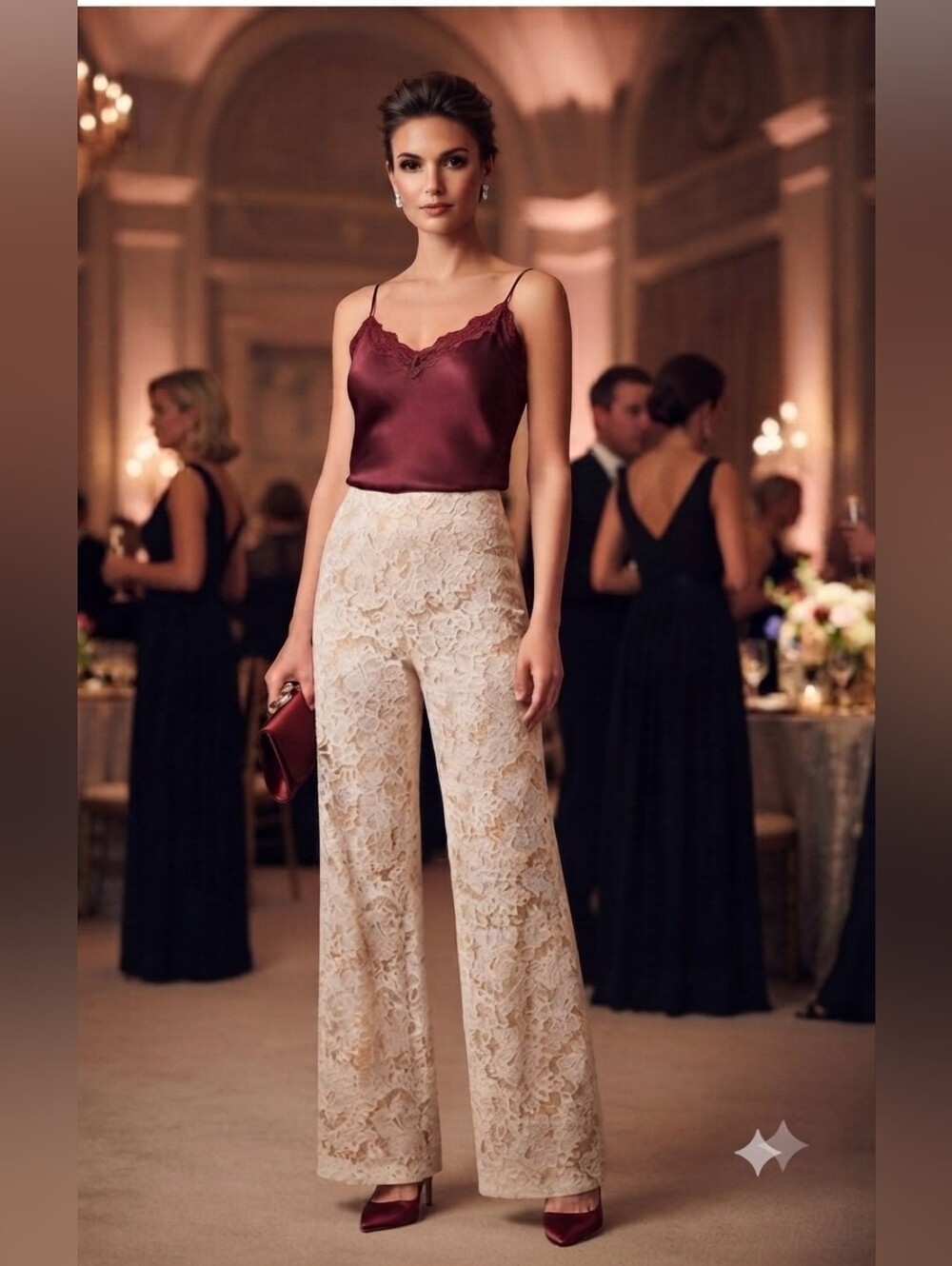 Marchesa Ivory Lace Flare Pants